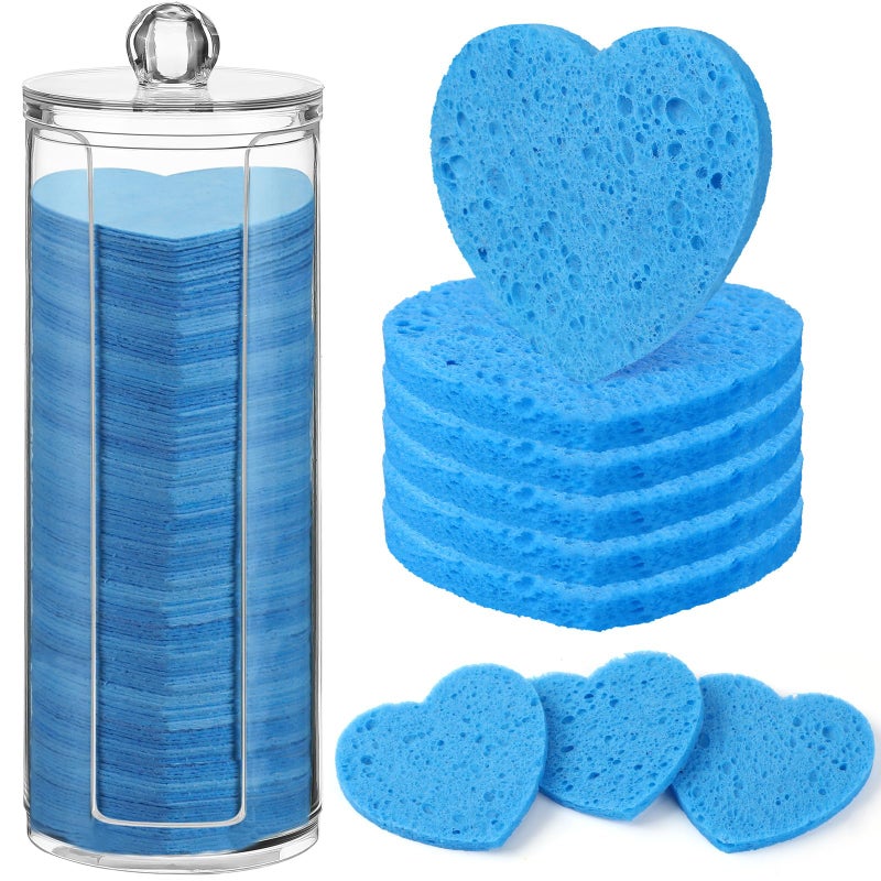 Sieral 120 Pcs Compressed Facial Sponges with Container Disposable Face Sponge Pads for Washing Face Cleansing Exfoliating Esthetician Makeup RemovalHeartDark Blue